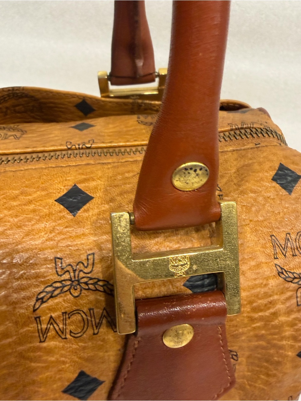 MCM Cognac Visetos Barrel Bag with Brown Leather Handles - Picture 10 of 16